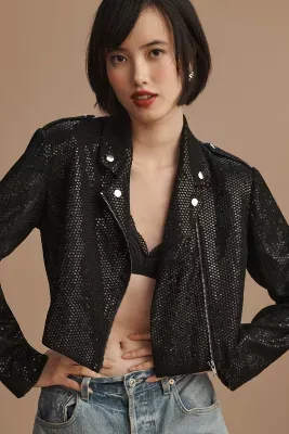 By Anthropologie Sequin Cropped Moto Jacket