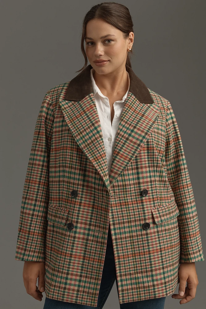 Avec Les Filles Double-Breasted Elbow-Patch Plaid Jacket