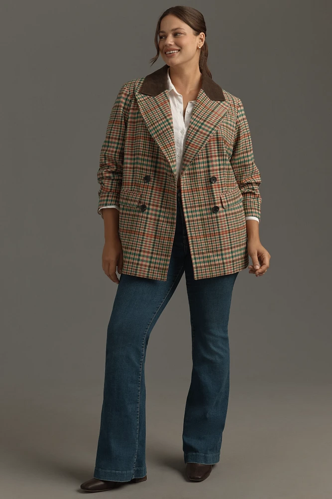 Avec Les Filles Double-Breasted Elbow-Patch Plaid Jacket