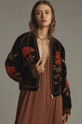 By Anthropologie Velvet Embroidered Bomber Jacket