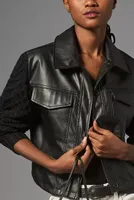 By Anthropologie Sweater-Sleeve Cropped Faux Leather Jacket