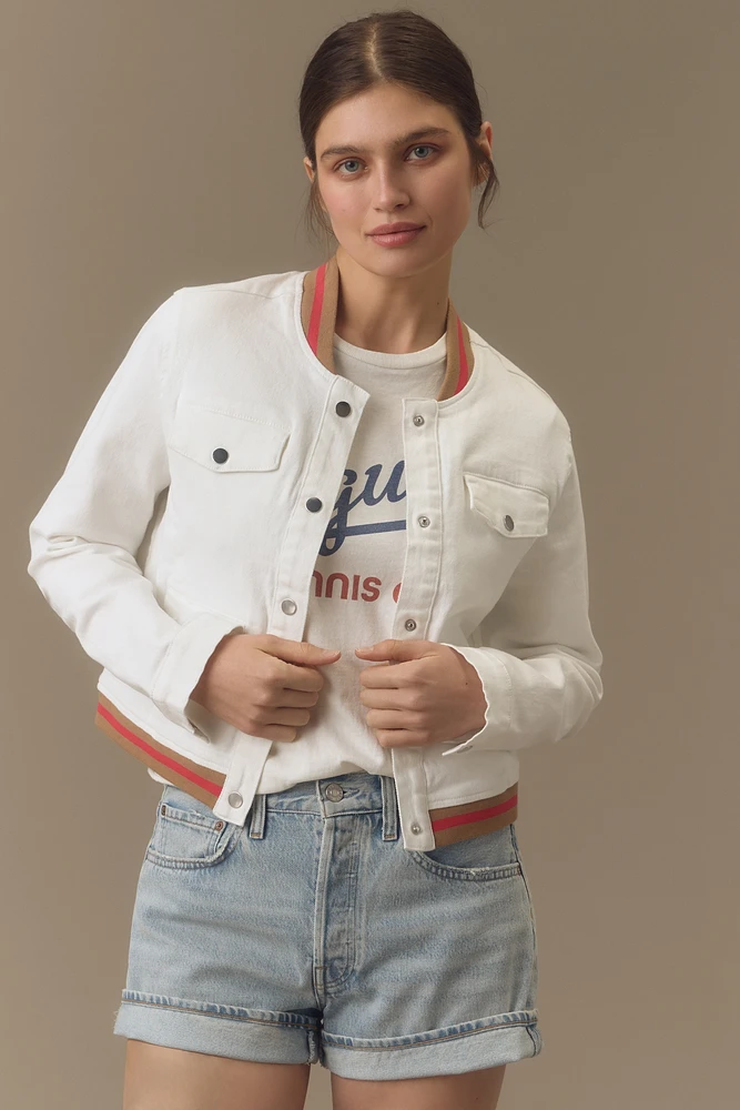 By Anthropologie Denim Varsity Bomber Jacket