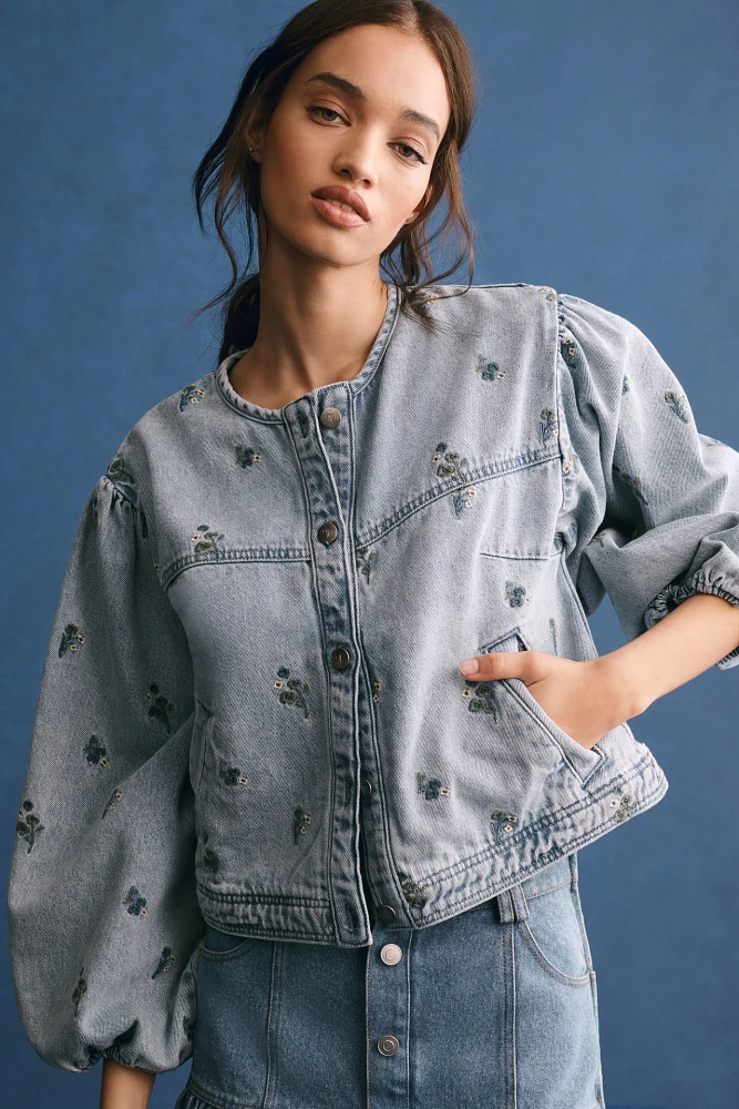 Pilcro Collarless Embroidered Denim Swing Jacket