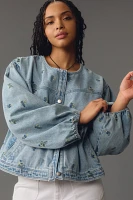 Pilcro Collarless Embroidered Denim Swing Jacket