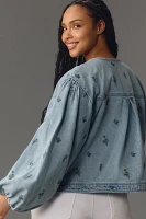 Pilcro Collarless Embroidered Denim Swing Jacket