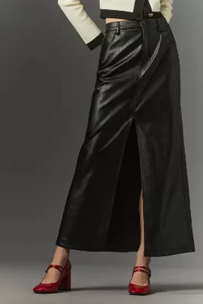 The Madi Faux Leather Front-Slit Denim Skirt by Pilcro