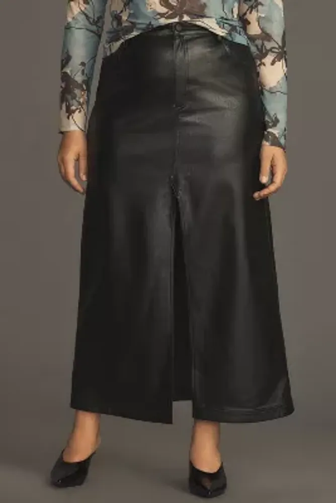 The Madi Faux Leather Front-Slit Denim Skirt by Pilcro