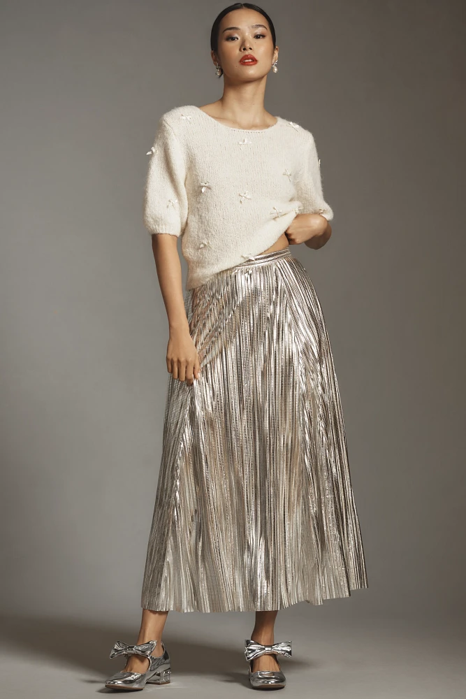 By Anthropologie Metallic Pleated Midi Skirt