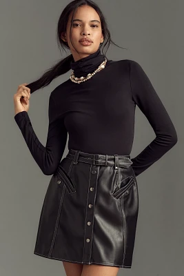 Maeve Faux-Leather Button-Front Belted Mini Skirt