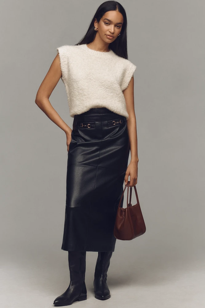 Avec Les Filles Faux-Leather Equestrian Buckle Midi Skirt