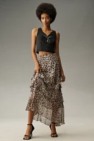 RIXO Leopard Preslee Silk Ruffled Midi Skirt