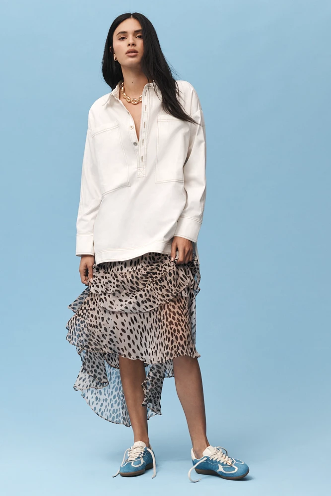 RIXO Leopard Preslee Silk Ruffled Midi Skirt