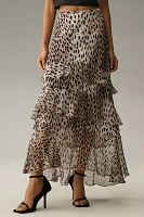 RIXO Leopard Preslee Silk Ruffled Midi Skirt