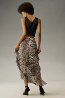 RIXO Leopard Preslee Silk Ruffled Midi Skirt