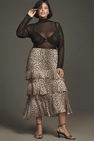 RIXO Leopard Preslee Silk Ruffled Midi Skirt