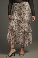 RIXO Leopard Preslee Silk Ruffled Midi Skirt