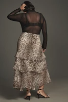 RIXO Leopard Preslee Silk Ruffled Midi Skirt