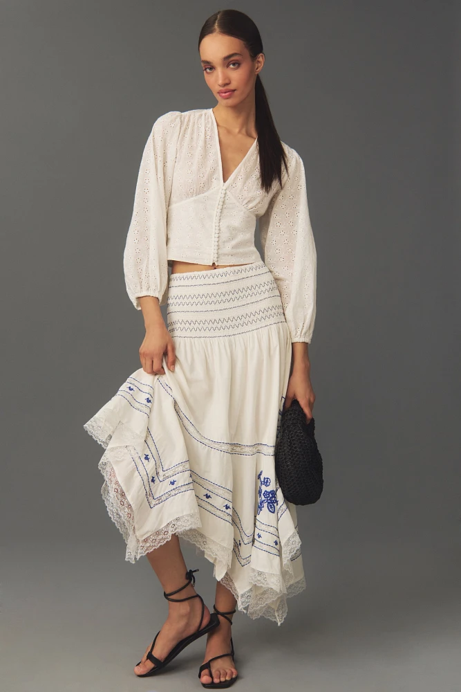 By Anthropologie Smocked Asymmetrical Skirt