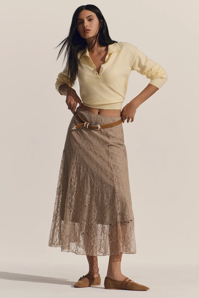 By Anthropologie Asymmetrical Drop-Waist Lace Midi Skirt