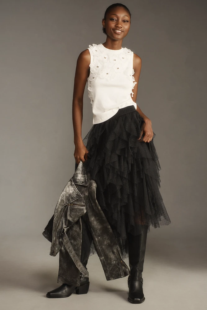 The Chéri Ruffled Tulle Midi Skirt by Anthropologie