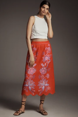 Farm Rio Porcelain Garden Linen Midi Skirt