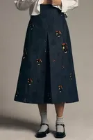 Mehtap Elaidi Rose-Embroidered Denim Midi Skirt