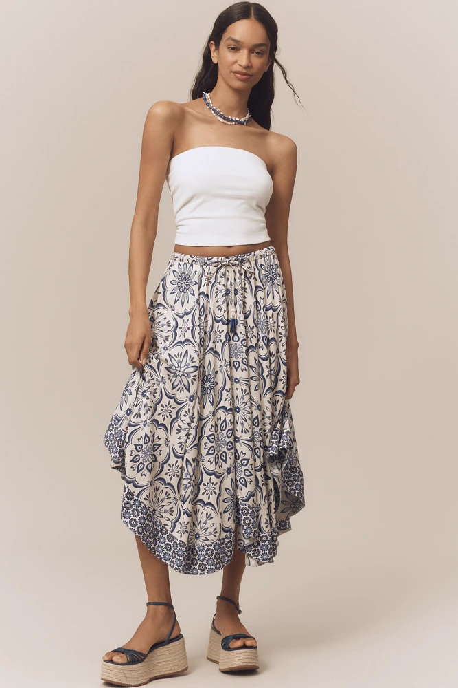 Farm Rio Curved-Hem Printed Midi Skirt