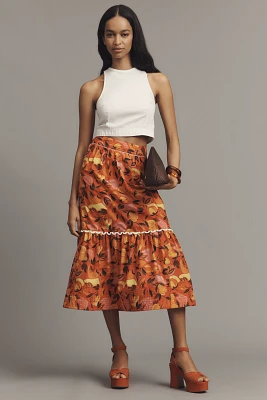 Farm Rio Tiered Flare-Hem Printed Midi Skirt