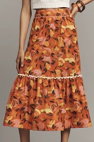 Farm Rio Tiered Flare-Hem Printed Midi Skirt