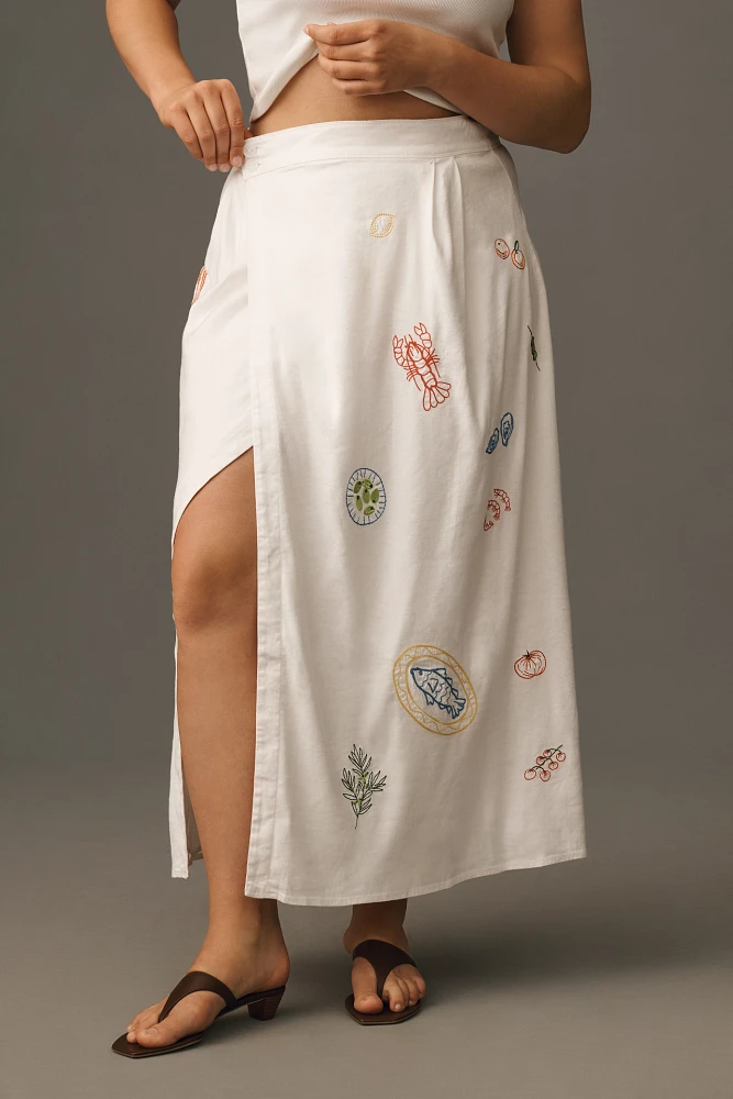 Maeve Embellished Linen Wrap Midi Skirt