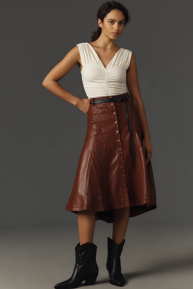 Pilcro Seamed-Yoke Faux-Leather Midi Skirt