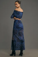 Maeve Fitted Ruched Mesh Maxi Skirt