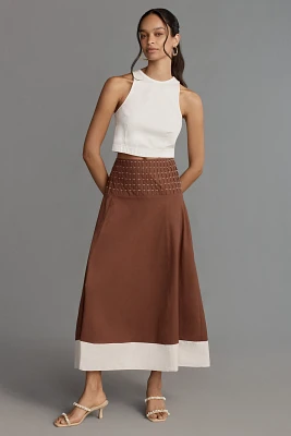 By Anthropologie Linen Blend Smocked-Waist Colorblock Midi Skirt