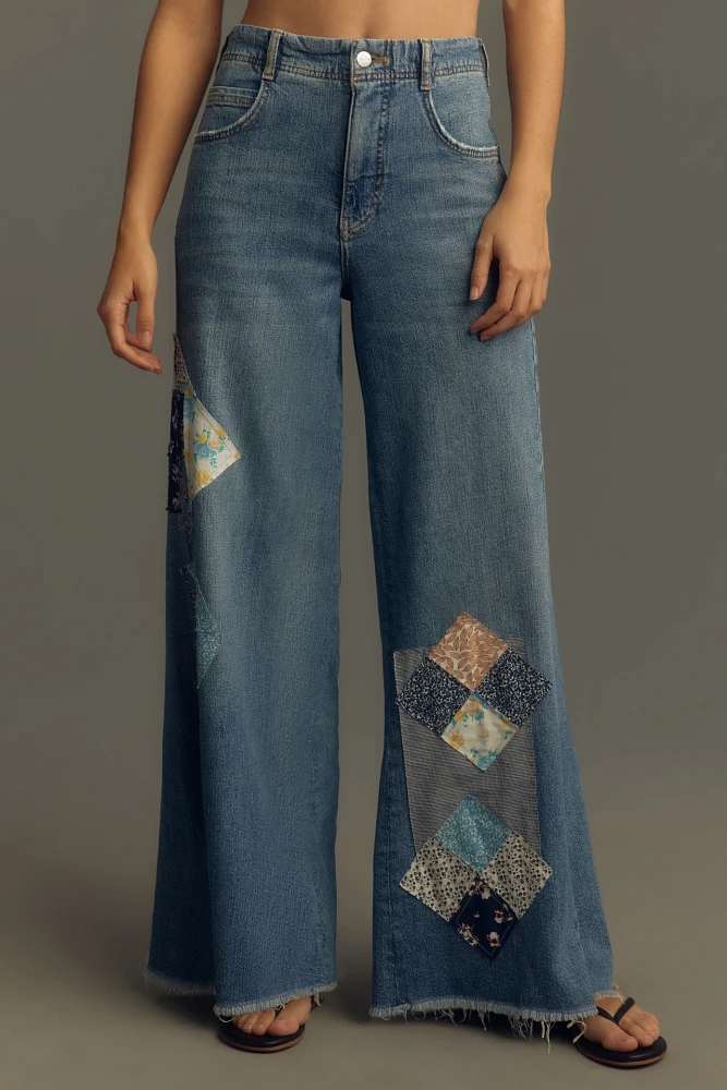 The Adi Mid-Rise Frayed Relaxed Flare Jeans by Pilcro: Patchwork Edition