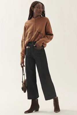 Maeve Contrast-Stitch High-Rise Crop Wide-Leg Jeans