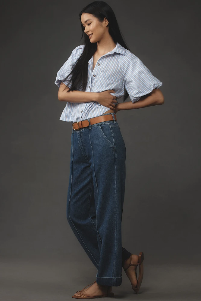 FRAME 70s Cuffed Crop High-Rise Straight-Leg Jeans