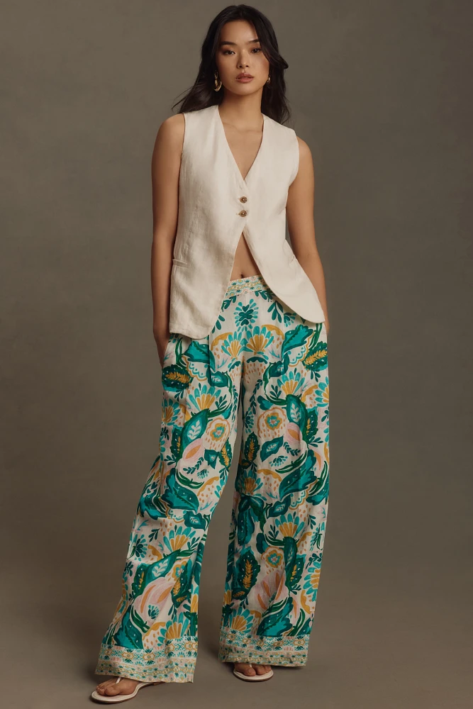 Ranna Gill Floral Wide-Leg Linen Pull-On Pants