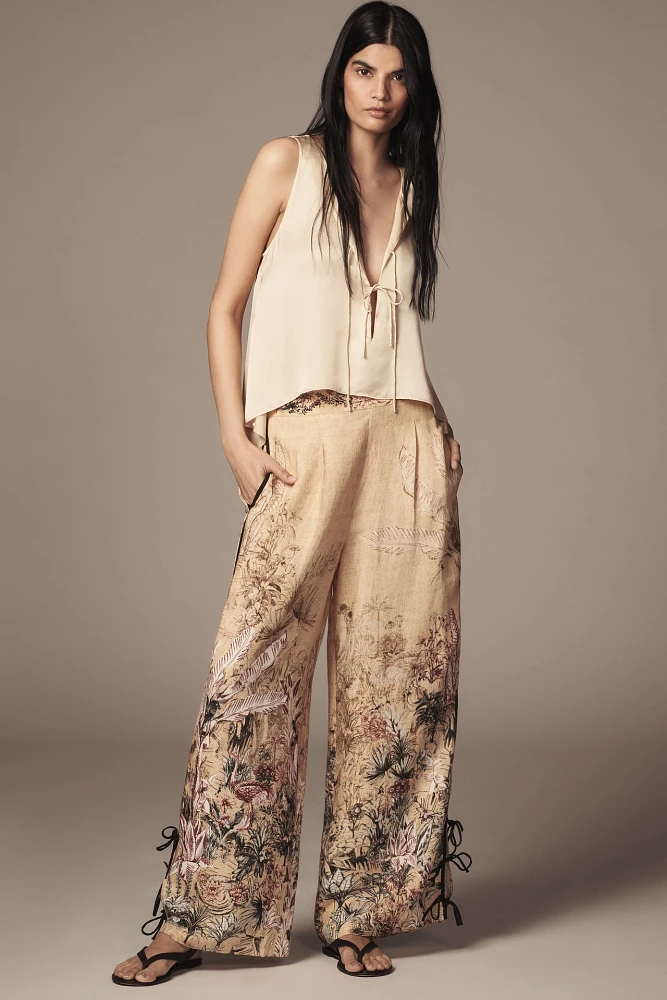 Ranna Gill Linen Blend Printed Side-Bow Wide-Leg Pants