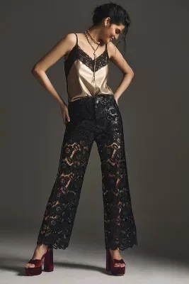 By Anthropologie Faux Leather & Lace Wide-Leg Pants