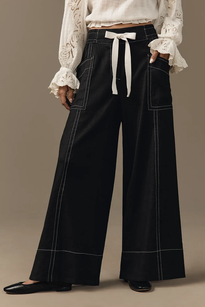 Maeve La Ponche Linen Pull-On Wide-Leg Pants