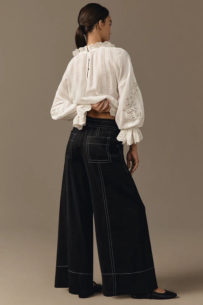 Maeve La Ponche Linen Pull-On Wide-Leg Pants