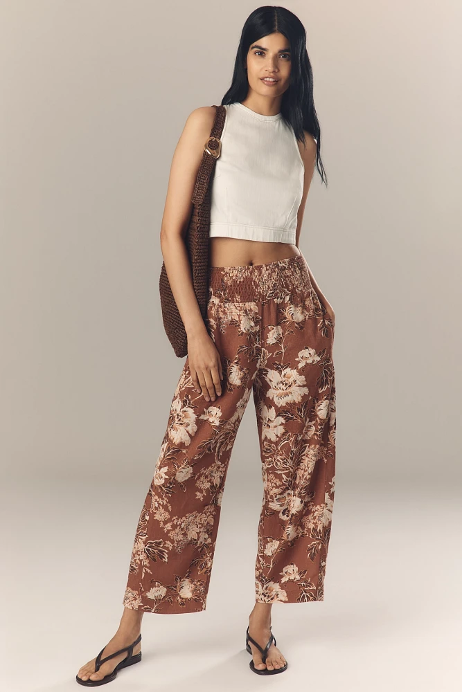 The Reese Printed Smocked Pull-On Barrel Pants by Pilcro