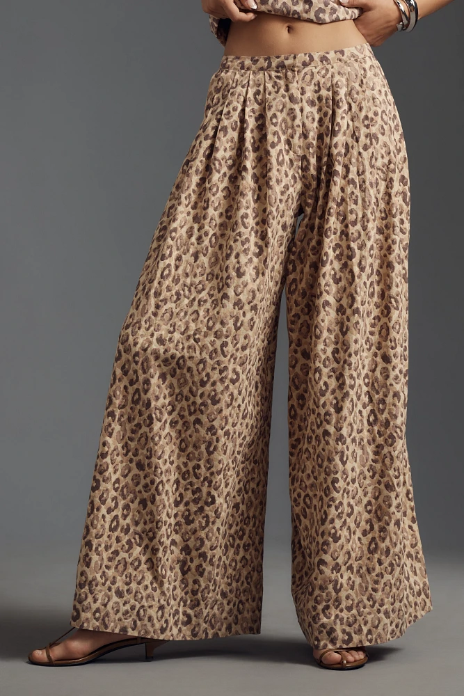 S/W/F Leopard Linen Draping Wide-Leg Pants