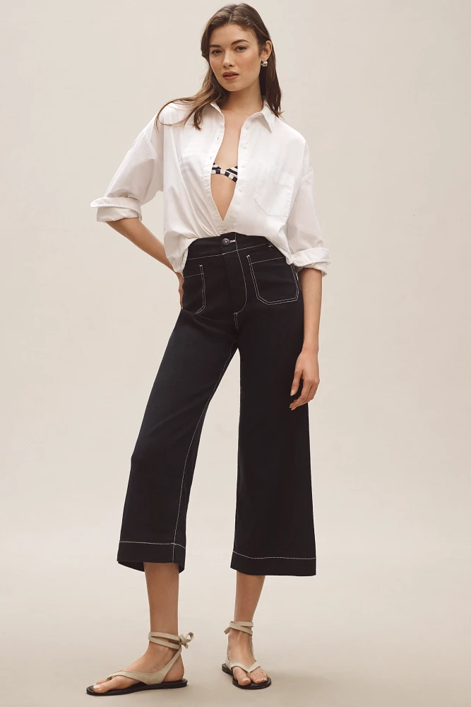 The Colette Cropped Wide-Leg Pants by Maeve: Contrast-Stitch Linen Edition