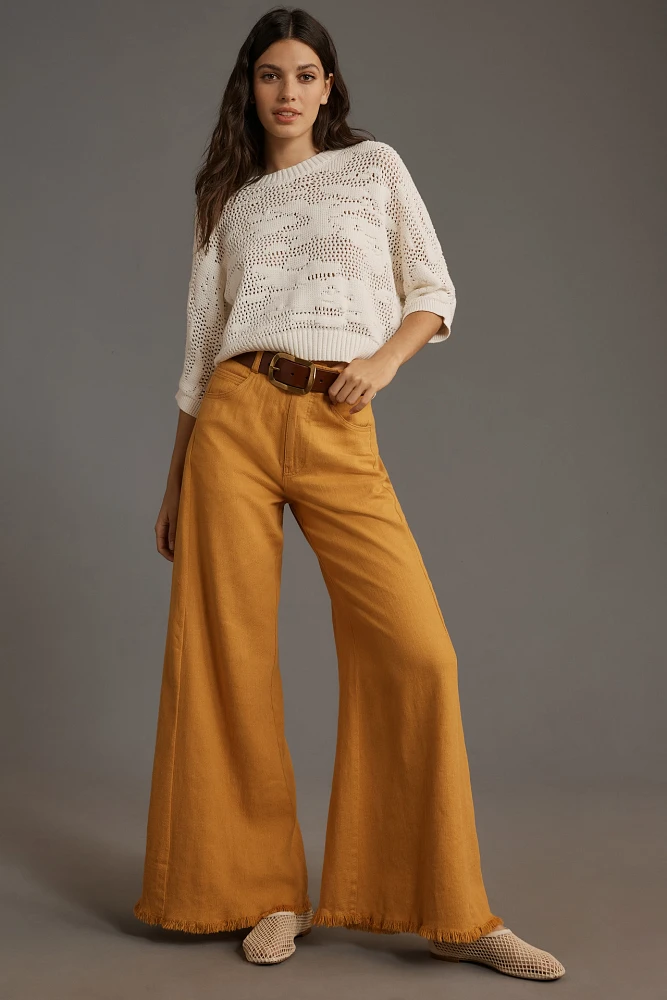 The Adi Mid-Rise Frayed Relaxed Flare Pants by Pilcro: Linen Edition