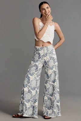 The Adi Mid-Rise Frayed Relaxed Flare Pants by Pilcro: Printed Linen Edition