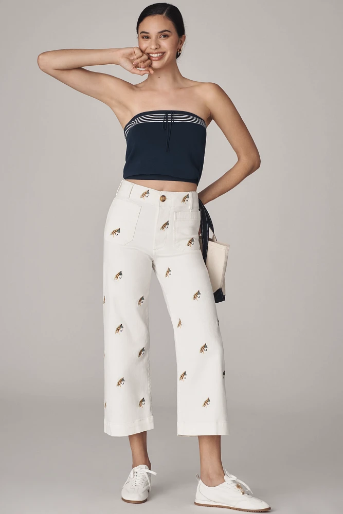 The Colette Embroidered Fishing Crop Wide-Leg Pants by Maeve