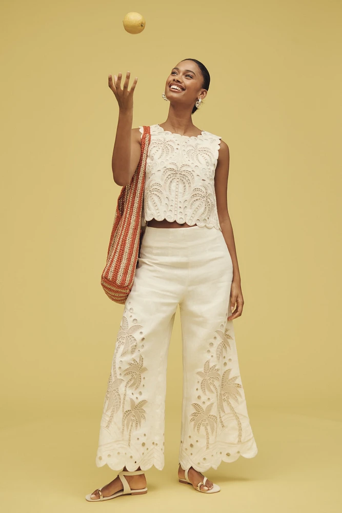 Farm Rio x Anthropologie Embroidered Palm Linen Pants