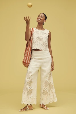 Farm Rio x Anthropologie Embroidered Palm Linen Pants