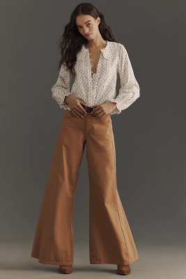 The Adi Mid-Rise Frayed Relaxed Flare Pants by Pilcro: Herringbone Edition